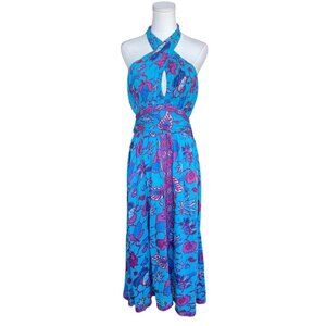 Caroline Constas Blue Floral Halter Maxi Dress Size M NWT Fit Flare Resort Vacay